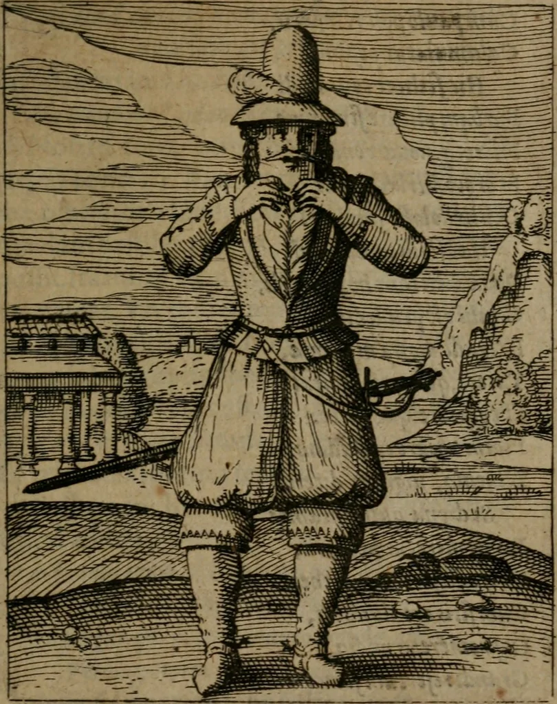 An illustration from Nebulo nebulonum, hoc est, Jocoseria nequitiae censura : qua hominum scelestorum doli, fraudes, fallaciae, & mores versuti vivis coloribus depinguntur, aeriq[ue] incisi publico aspectui exponuntur, 1663, leaf 52