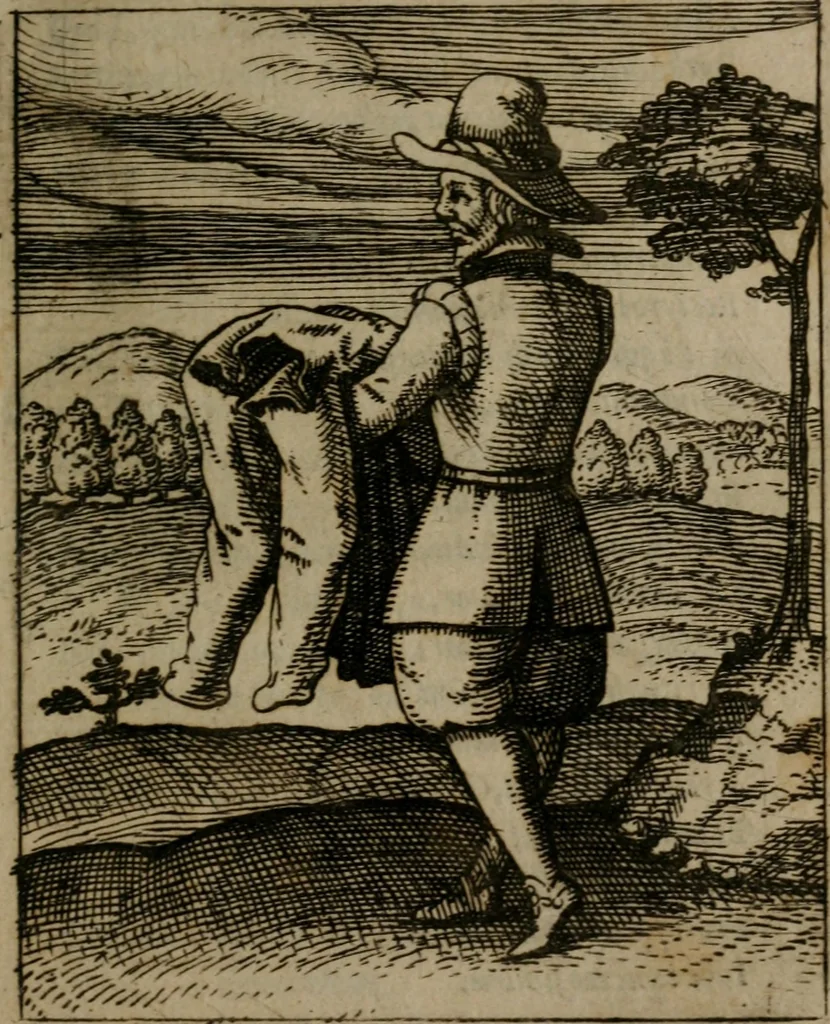 An illustration from Nebulo nebulonum, hoc est, Jocoseria nequitiae censura : qua hominum scelestorum doli, fraudes, fallaciae, & mores versuti vivis coloribus depinguntur, aeriq[ue] incisi publico aspectui exponuntur, 1663, leaf 74