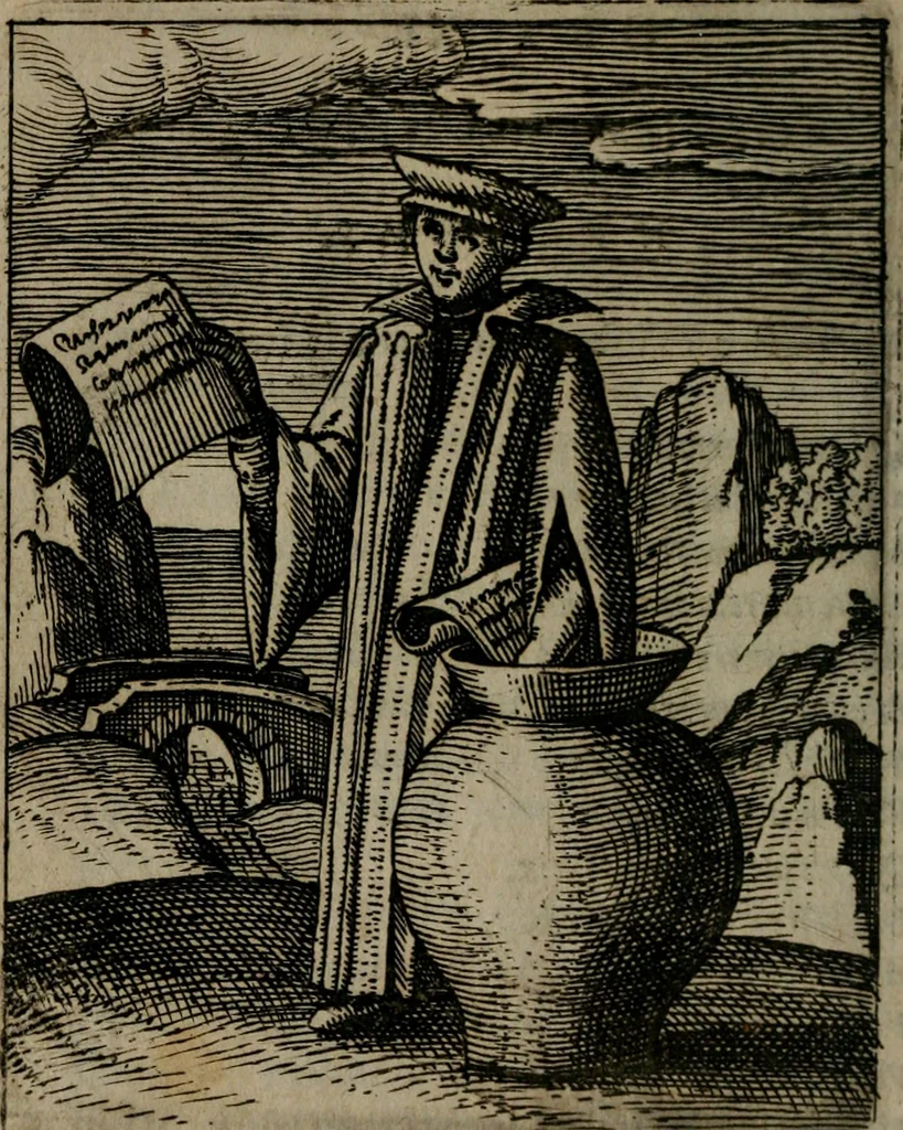 An illustration from Nebulo nebulonum, hoc est, Jocoseria nequitiae censura : qua hominum scelestorum doli, fraudes, fallaciae, & mores versuti vivis coloribus depinguntur, aeriq[ue] incisi publico aspectui exponuntur, 1663, leaf 79