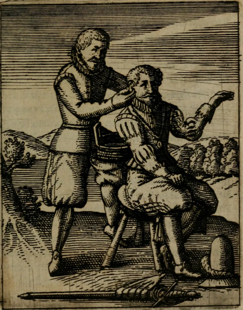 An illustration from Nebulo nebulonum, hoc est, Jocoseria nequitiae censura : qua hominum scelestorum doli, fraudes, fallaciae, & mores versuti vivis coloribus depinguntur, aeriq[ue] incisi publico aspectui exponuntur, 1663, leaf 88