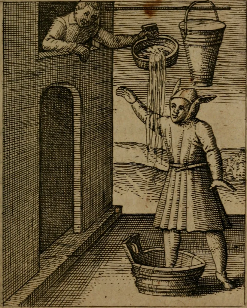 An illustration from Nebulo nebulonum, hoc est, Jocoseria nequitiae censura : qua hominum scelestorum doli, fraudes, fallaciae, & mores versuti vivis coloribus depinguntur, aeriq[ue] incisi publico aspectui exponuntur, 1663, leaf 94