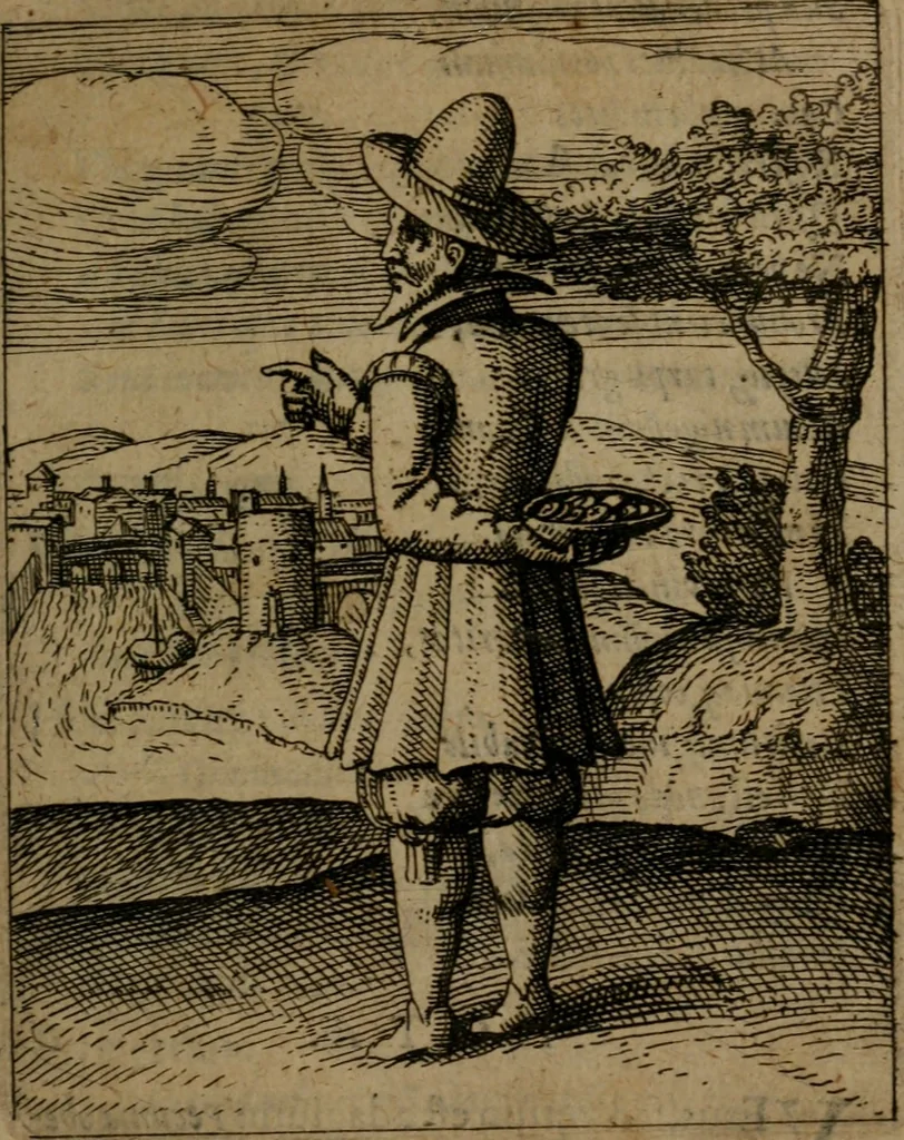 An illustration from Nebulo nebulonum, hoc est, Jocoseria nequitiae censura : qua hominum scelestorum doli, fraudes, fallaciae, & mores versuti vivis coloribus depinguntur, aeriq[ue] incisi publico aspectui exponuntur, 1663, leaf 98