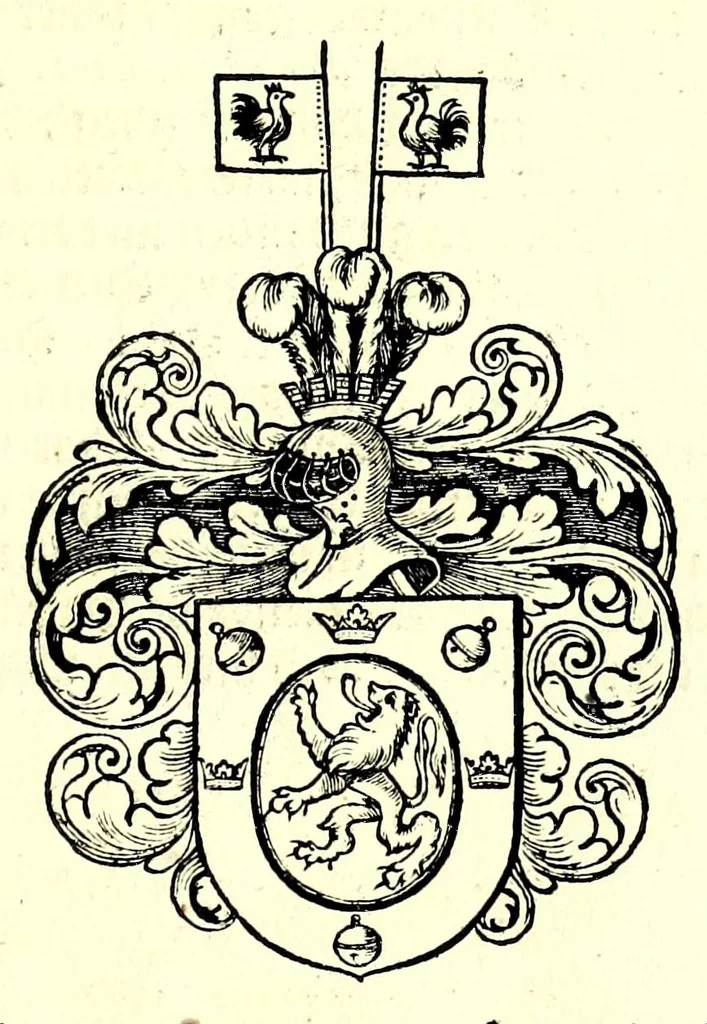 An illustration from Nederlandtsche herault, of, Adelik toneel zijnde een historische beschrijvinge, van allerley trappen van adeldom : alsmede van alderhande wapen-schilden, in koninckrijcken, gemeene-besten, steden en volkeren, van oude tijden af, tot dese eeuw toe in gebruyk geweest zijnde, 1672, leaf 183