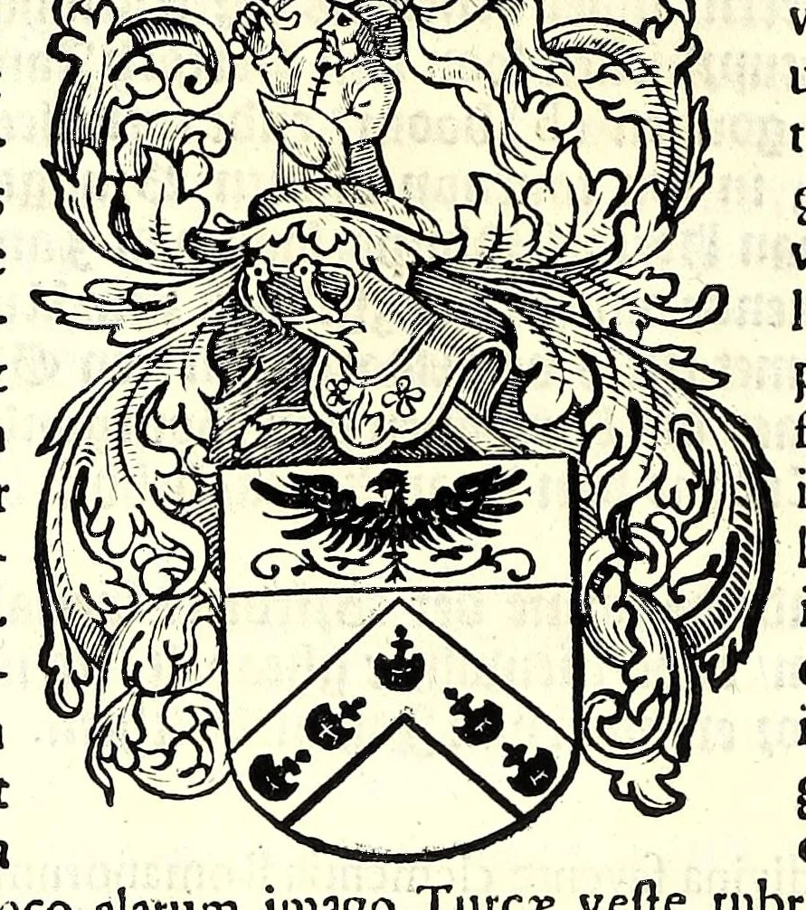 An illustration from Nederlandtsche herault, of, Adelik toneel zijnde een historische beschrijvinge, van allerley trappen van adeldom : alsmede van alderhande wapen-schilden, in koninckrijcken, gemeene-besten, steden en volkeren, van oude tijden af, tot dese eeuw toe in gebruyk geweest zijnde, 1672, leaf 232