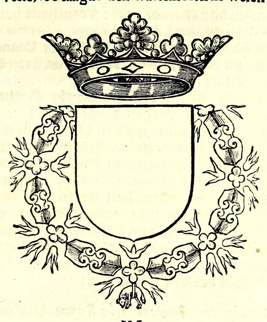 An illustration from Nederlandtsche herault, of, Adelik toneel zijnde een historische beschrijvinge, van allerley trappen van adeldom : alsmede van alderhande wapen-schilden, in koninckrijcken, gemeene-besten, steden en volkeren, van oude tijden af, tot dese eeuw toe in gebruyk geweest zijnde, 1672, leaf 341