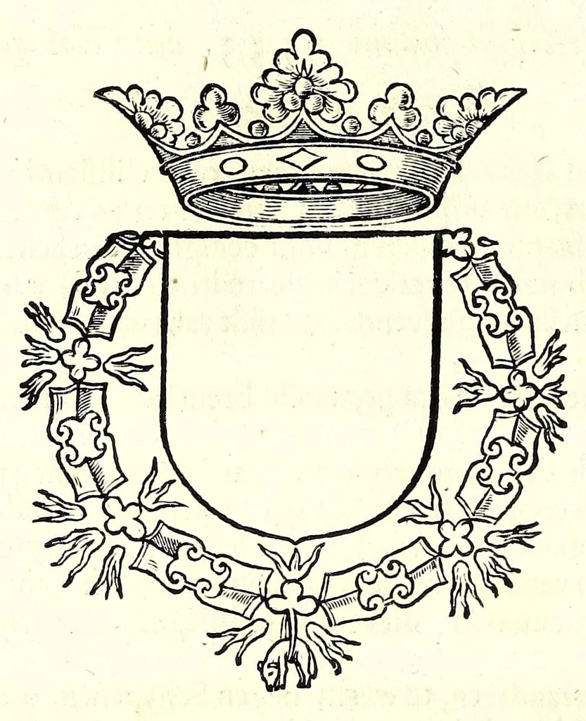 An illustration from Nederlandtsche herault, of, Adelik toneel zijnde een historische beschrijvinge, van allerley trappen van adeldom : alsmede van alderhande wapen-schilden, in koninckrijcken, gemeene-besten, steden en volkeren, van oude tijden af, tot dese eeuw toe in gebruyk geweest zijnde, 1672, leaf 344