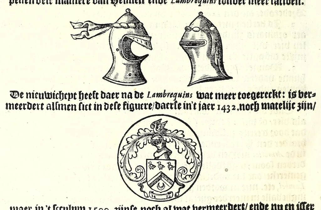An illustration from Nederlandtsche herault, of, Adelik toneel zijnde een historische beschrijvinge, van allerley trappen van adeldom : alsmede van alderhande wapen-schilden, in koninckrijcken, gemeene-besten, steden en volkeren, van oude tijden af, tot dese eeuw toe in gebruyk geweest zijnde, 1672, leaf 424