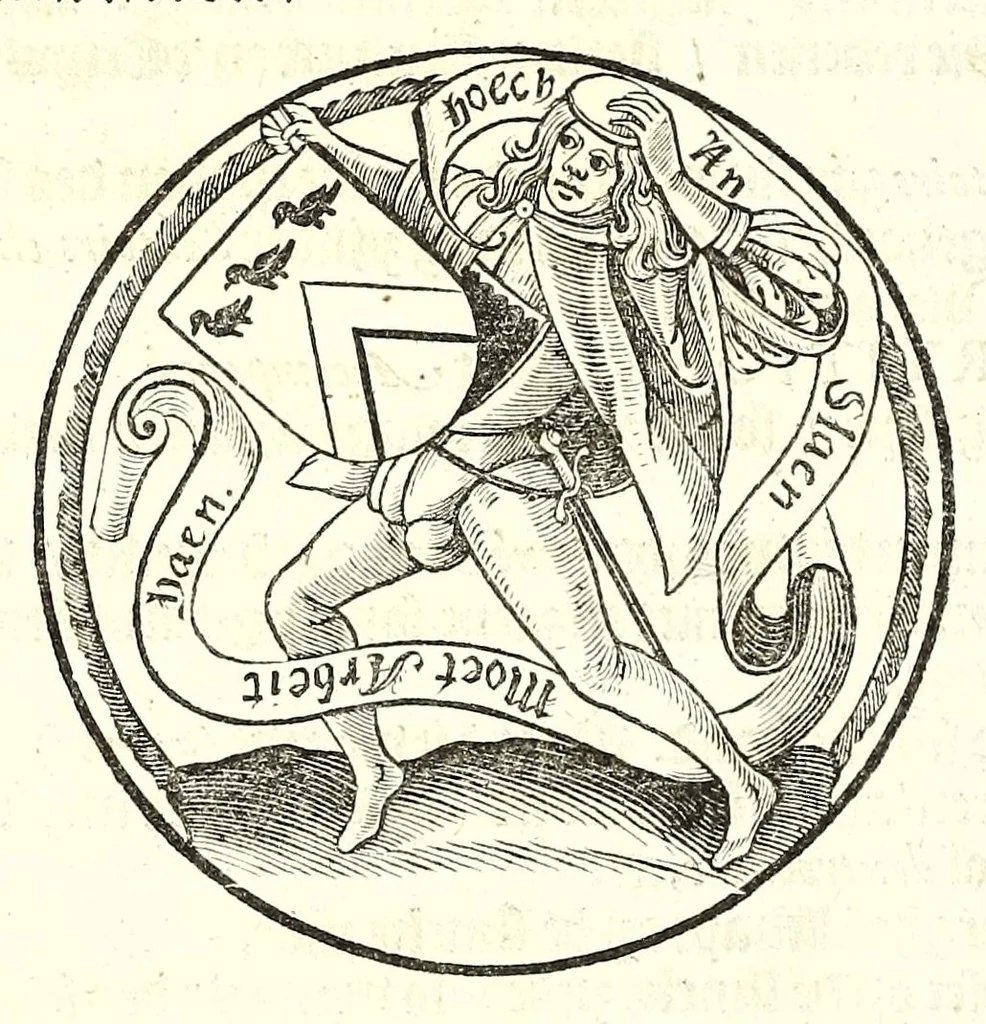 An illustration from Nederlandtsche herault, of, Adelik toneel zijnde een historische beschrijvinge, van allerley trappen van adeldom : alsmede van alderhande wapen-schilden, in koninckrijcken, gemeene-besten, steden en volkeren, van oude tijden af, tot dese eeuw toe in gebruyk geweest zijnde, 1672, leaf 438