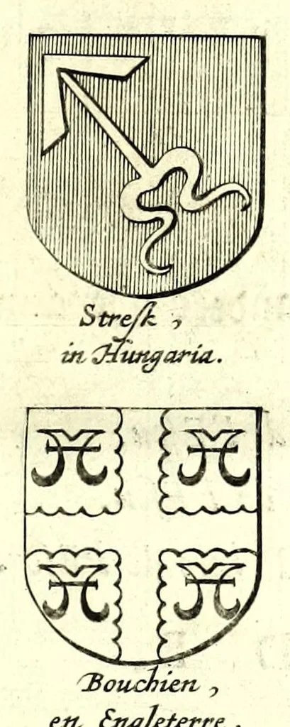 An illustration from Nederlandtsche herault, of, Adelik toneel zijnde een historische beschrijvinge, van allerley trappen van adeldom : alsmede van alderhande wapen-schilden, in koninckrijcken, gemeene-besten, steden en volkeren, van oude tijden af, tot dese eeuw toe in gebruyk geweest zijnde, 1672, leaf 445
