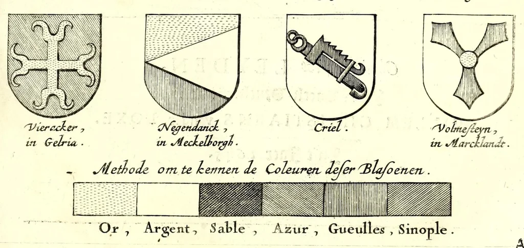An illustration from Nederlandtsche herault, of, Adelik toneel zijnde een historische beschrijvinge, van allerley trappen van adeldom : alsmede van alderhande wapen-schilden, in koninckrijcken, gemeene-besten, steden en volkeren, van oude tijden af, tot dese eeuw toe in gebruyk geweest zijnde, 1672, leaf 445