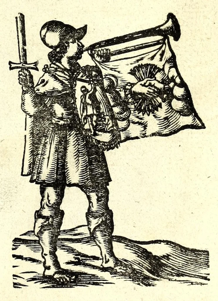 An illustration from Nederlandtsche herault, of, Adelik toneel zijnde een historische beschrijvinge, van allerley trappen van adeldom : alsmede van alderhande wapen-schilden, in koninckrijcken, gemeene-besten, steden en volkeren, van oude tijden af, tot dese eeuw toe in gebruyk geweest zijnde, 1672, leaf 5