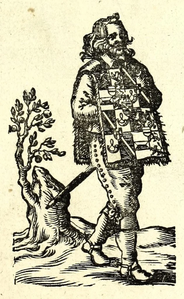 An illustration from Nederlandtsche herault, of, Adelik toneel zijnde een historische beschrijvinge, van allerley trappen van adeldom : alsmede van alderhande wapen-schilden, in koninckrijcken, gemeene-besten, steden en volkeren, van oude tijden af, tot dese eeuw toe in gebruyk geweest zijnde, 1672, leaf 5