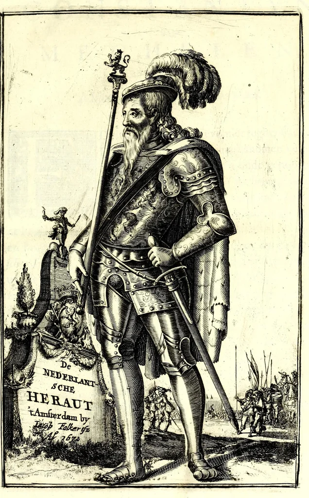 An illustration from Nederlandtsche herault, of, Adelik toneel zijnde een historische beschrijvinge, van allerley trappen van adeldom : alsmede van alderhande wapen-schilden, in koninckrijcken, gemeene-besten, steden en volkeren, van oude tijden af, tot dese eeuw toe in gebruyk geweest zijnde, 1672, leaf 7