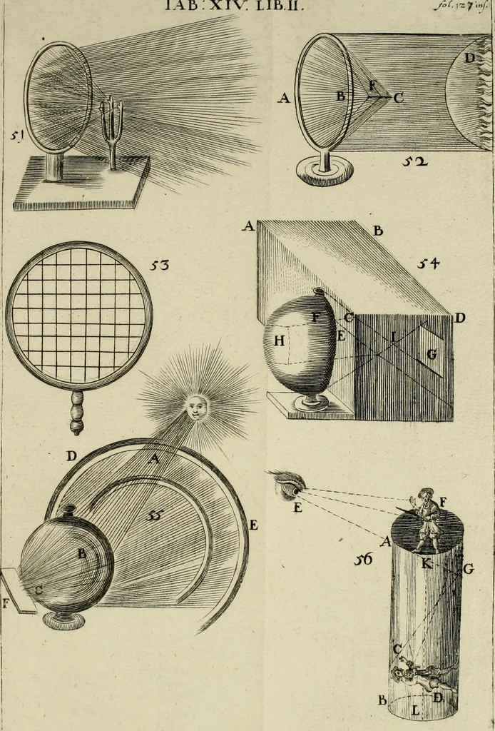 An illustration from Nervus opticus sive tractatus theoricus in tres libros opticam, catoptricam, dioptricam distributus : in quibus radiorum â lumine, vel objecto per medium diaphanum processus, natura, proprietates, & effectus, selectis, & rarioribus experientijs, figuris, demonstrationibusque exhibentur, 1675, leaf 185