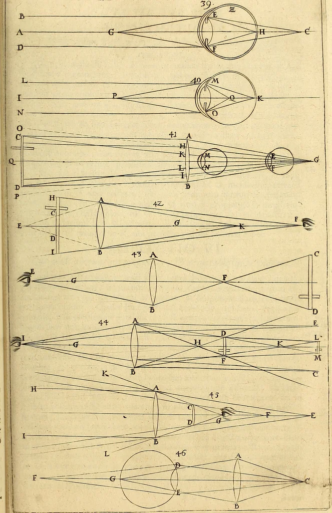 An illustration from Nervus opticus sive tractatus theoricus in tres libros opticam, catoptricam, dioptricam distributus : in quibus radiorum â lumine, vel objecto per medium diaphanum processus, natura, proprietates, & effectus, selectis, & rarioribus experientijs, figuris, demonstrationibusque exhibentur, 1675, leaf 240
