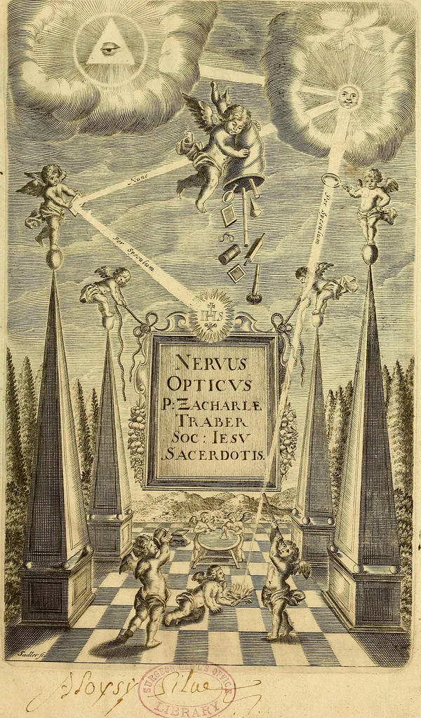 An illustration from Nervus opticus sive tractatus theoricus in tres libros opticam, catoptricam, dioptricam distributus : in quibus radiorum â lumine, vel objecto per medium diaphanum processus, natura, proprietates, & effectus, selectis, & rarioribus experientijs, figuris, demonstrationibusque exhibentur, 1675, leaf 4