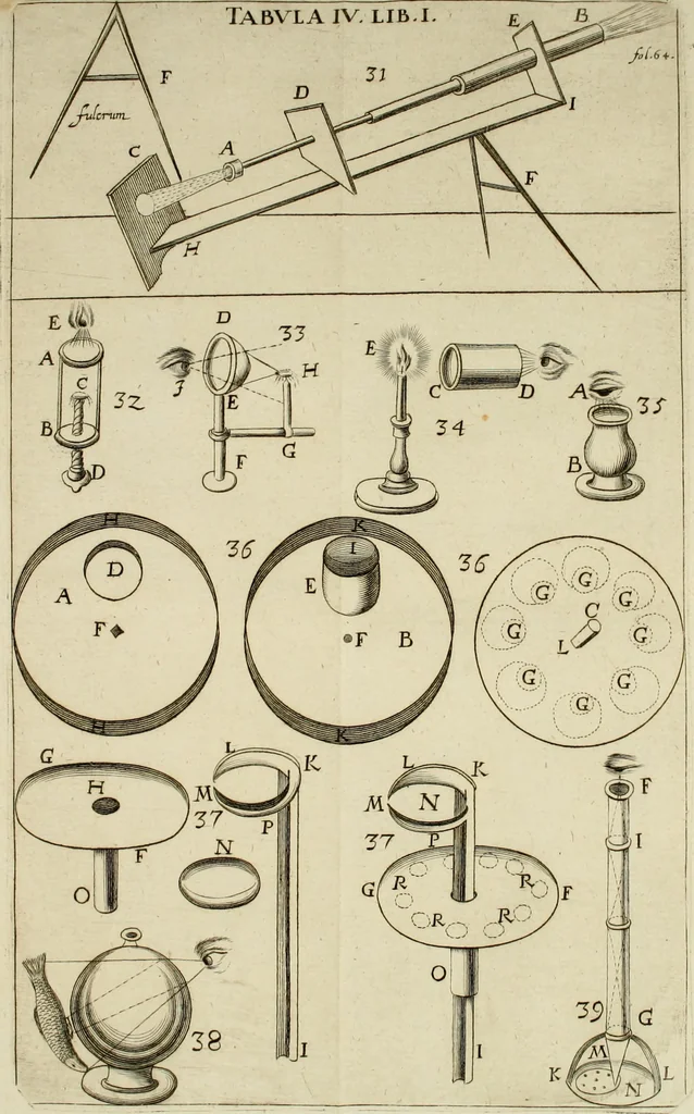 An illustration from Nervus opticus sive tractatus theoricus in tres libros opticam, catoptricam, dioptricam distributus : in quibus radiorum â lumine, vel objecto per medium diaphanum processus, natura, proprietates, & effectus, selectis, & rarioribus experientijs, figuris, demonstrationibusque exhibentur, 1675, leaf 99