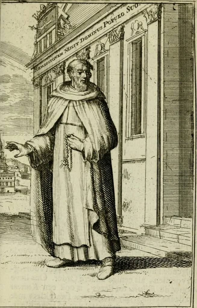 An illustration from Nette afbeeldingen der eyge dragten van alle geestelyke orders : nevens een korte aantekening van haar begin, instelders, en bevestiging, 1688, leaf 108