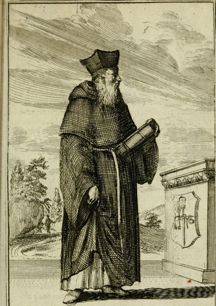An illustration from Nette afbeeldingen der eyge dragten van alle geestelyke orders : nevens een korte aantekening van haar begin, instelders, en bevestiging, 1688, leaf 112