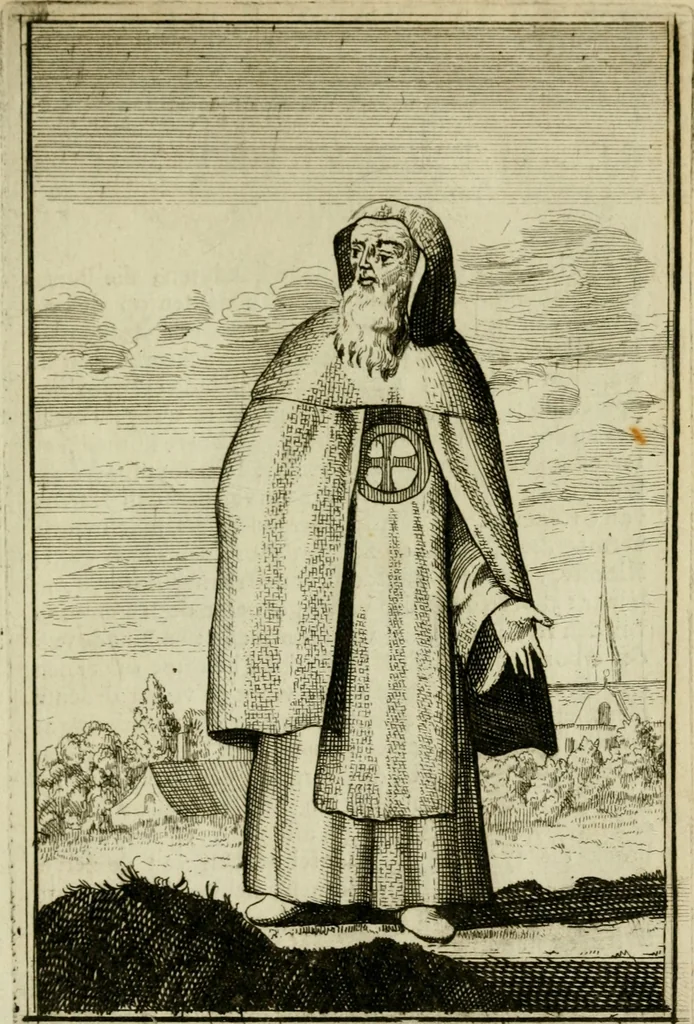 An illustration from Nette afbeeldingen der eyge dragten van alle geestelyke orders : nevens een korte aantekening van haar begin, instelders, en bevestiging, 1688, leaf 122