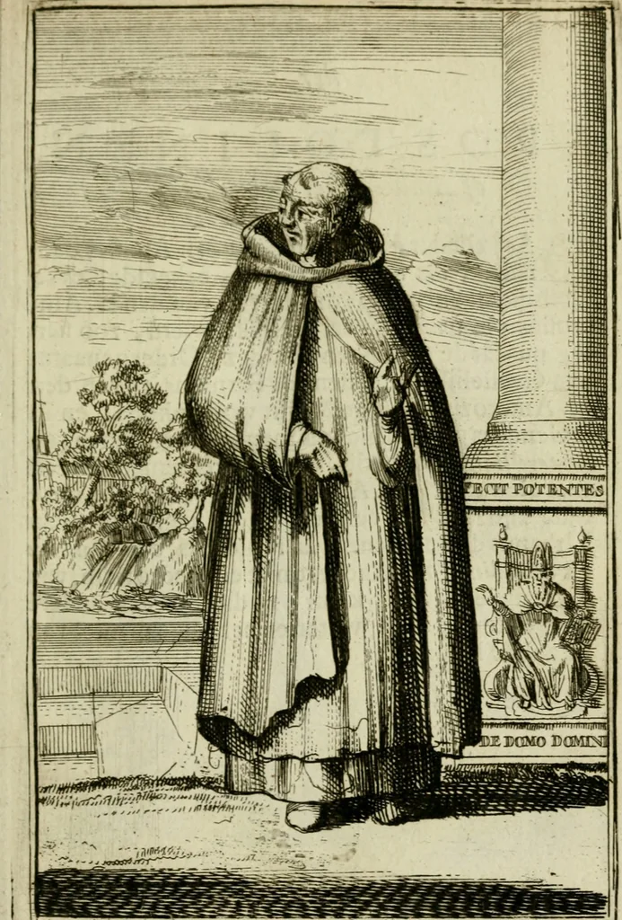 An illustration from Nette afbeeldingen der eyge dragten van alle geestelyke orders : nevens een korte aantekening van haar begin, instelders, en bevestiging, 1688, leaf 128