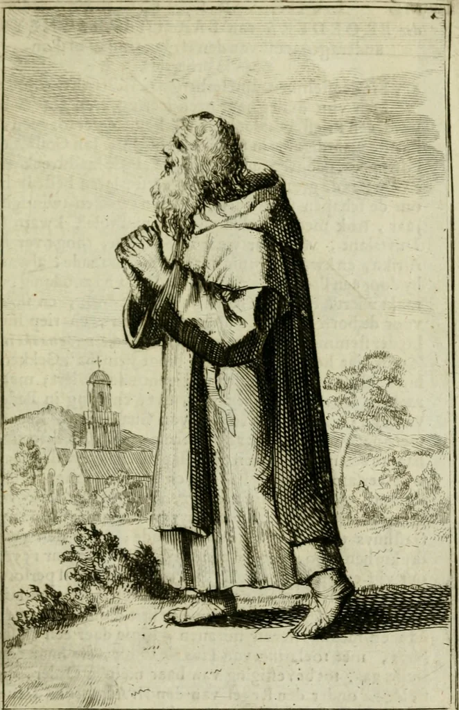 An illustration from Nette afbeeldingen der eyge dragten van alle geestelyke orders : nevens een korte aantekening van haar begin, instelders, en bevestiging, 1688, leaf 130