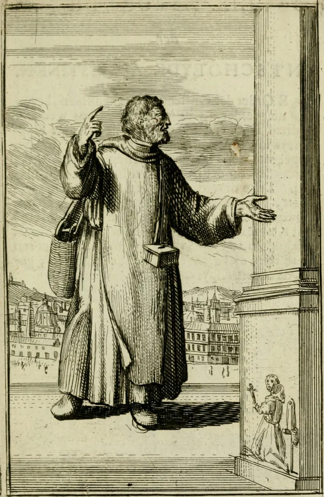 An illustration from Nette afbeeldingen der eyge dragten van alle geestelyke orders : nevens een korte aantekening van haar begin, instelders, en bevestiging, 1688, leaf 132