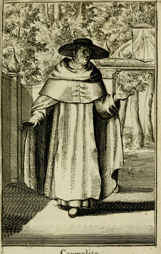 An illustration from Nette afbeeldingen der eyge dragten van alle geestelyke orders : nevens een korte aantekening van haar begin, instelders, en bevestiging, 1688, leaf 136