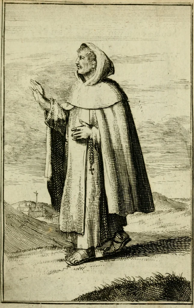 An illustration from Nette afbeeldingen der eyge dragten van alle geestelyke orders : nevens een korte aantekening van haar begin, instelders, en bevestiging, 1688, leaf 138