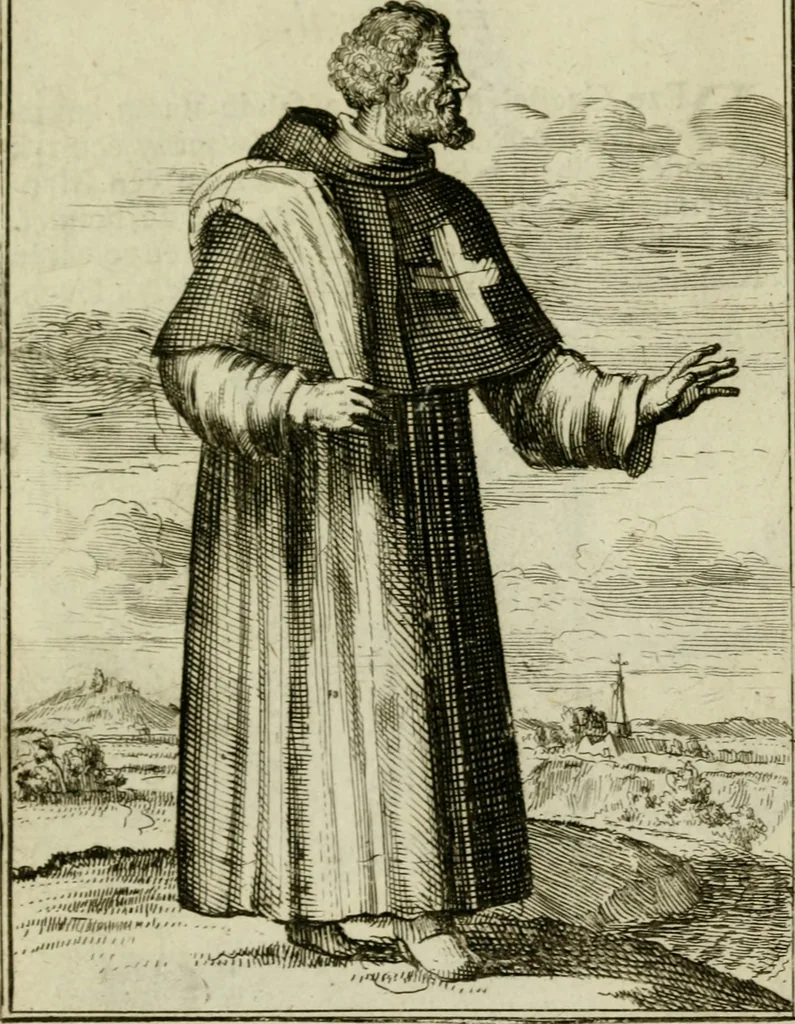 An illustration from Nette afbeeldingen der eyge dragten van alle geestelyke orders : nevens een korte aantekening van haar begin, instelders, en bevestiging, 1688, leaf 142