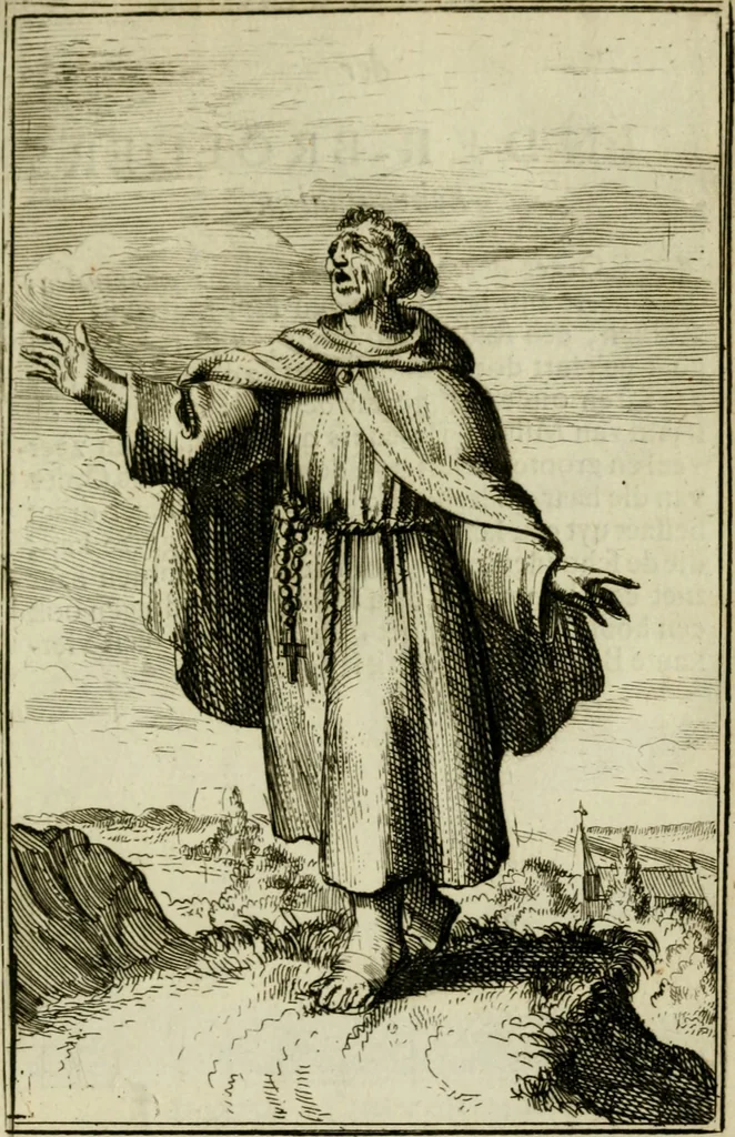 An illustration from Nette afbeeldingen der eyge dragten van alle geestelyke orders : nevens een korte aantekening van haar begin, instelders, en bevestiging, 1688, leaf 150