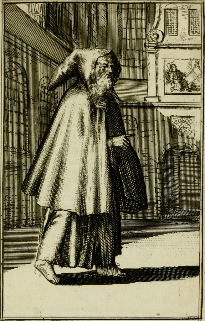 An illustration from Nette afbeeldingen der eyge dragten van alle geestelyke orders : nevens een korte aantekening van haar begin, instelders, en bevestiging, 1688, leaf 154