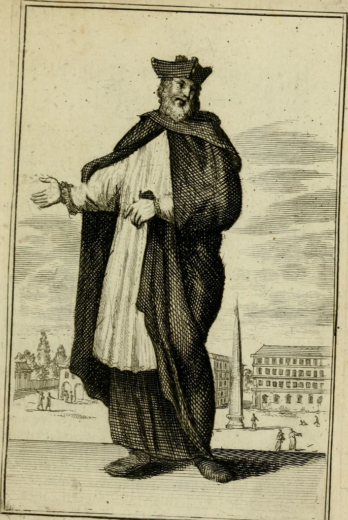 An illustration from Nette afbeeldingen der eyge dragten van alle geestelyke orders : nevens een korte aantekening van haar begin, instelders, en bevestiging, 1688, leaf 18