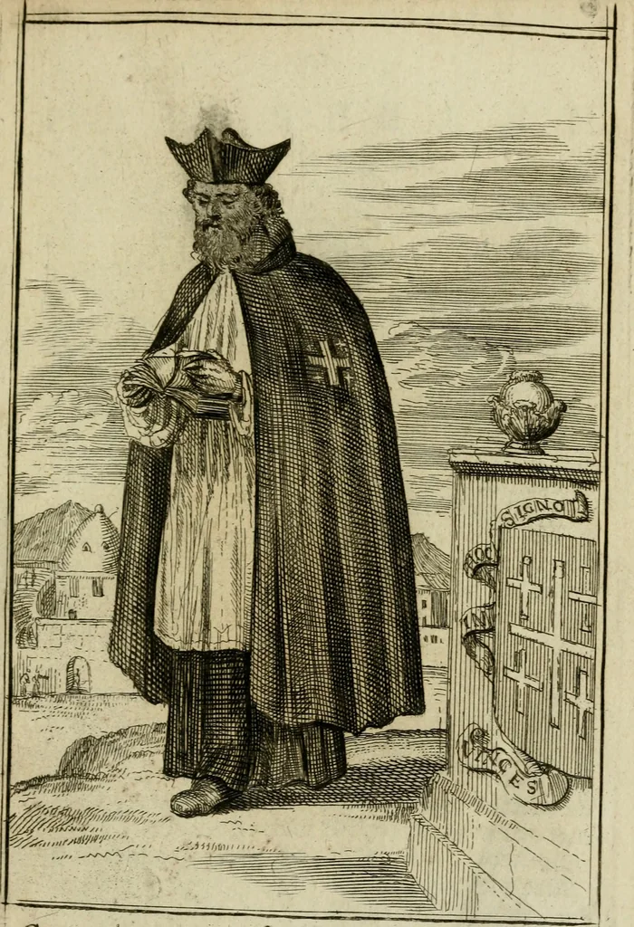 An illustration from Nette afbeeldingen der eyge dragten van alle geestelyke orders : nevens een korte aantekening van haar begin, instelders, en bevestiging, 1688, leaf 20