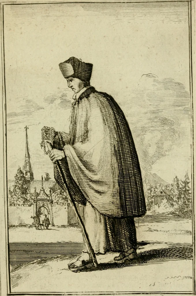 An illustration from Nette afbeeldingen der eyge dragten van alle geestelyke orders : nevens een korte aantekening van haar begin, instelders, en bevestiging, 1688, leaf 28