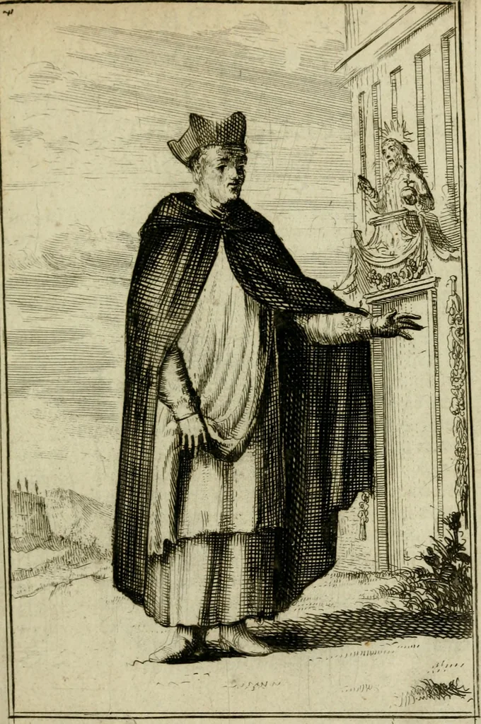 An illustration from Nette afbeeldingen der eyge dragten van alle geestelyke orders : nevens een korte aantekening van haar begin, instelders, en bevestiging, 1688, leaf 30