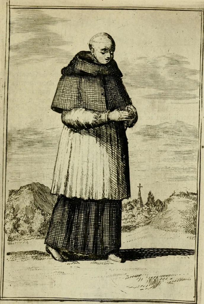 An illustration from Nette afbeeldingen der eyge dragten van alle geestelyke orders : nevens een korte aantekening van haar begin, instelders, en bevestiging, 1688, leaf 32