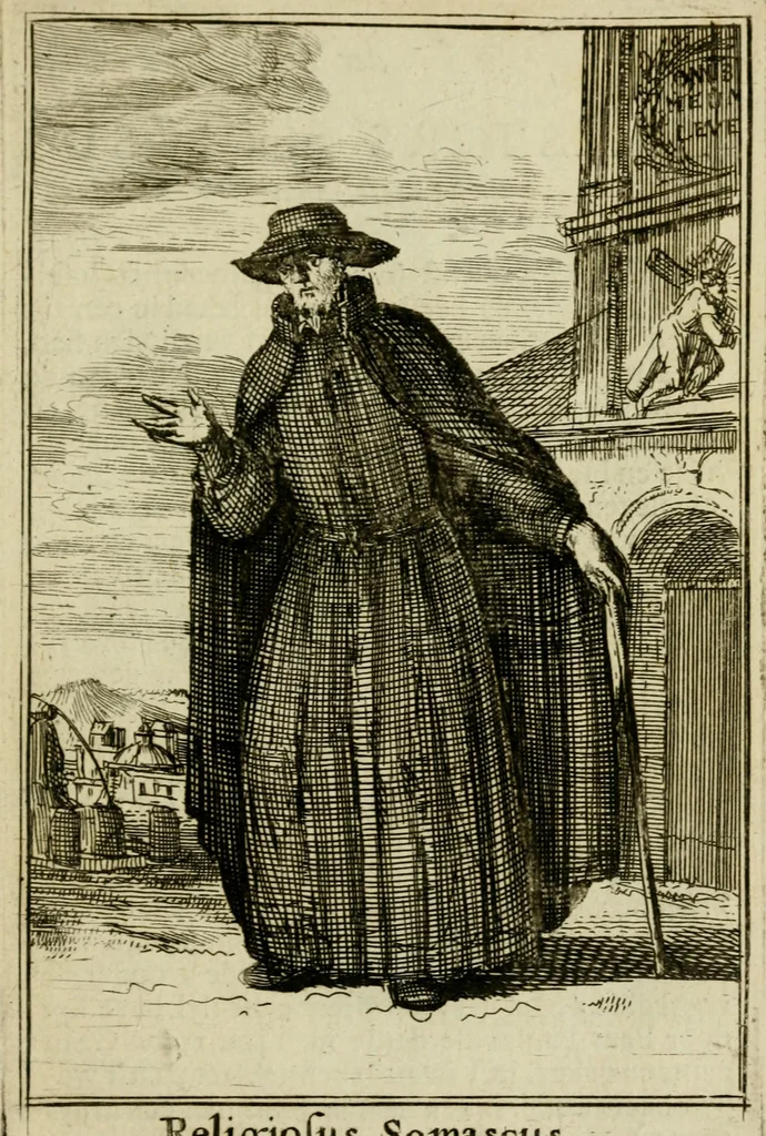 An illustration from Nette afbeeldingen der eyge dragten van alle geestelyke orders : nevens een korte aantekening van haar begin, instelders, en bevestiging, 1688, leaf 38