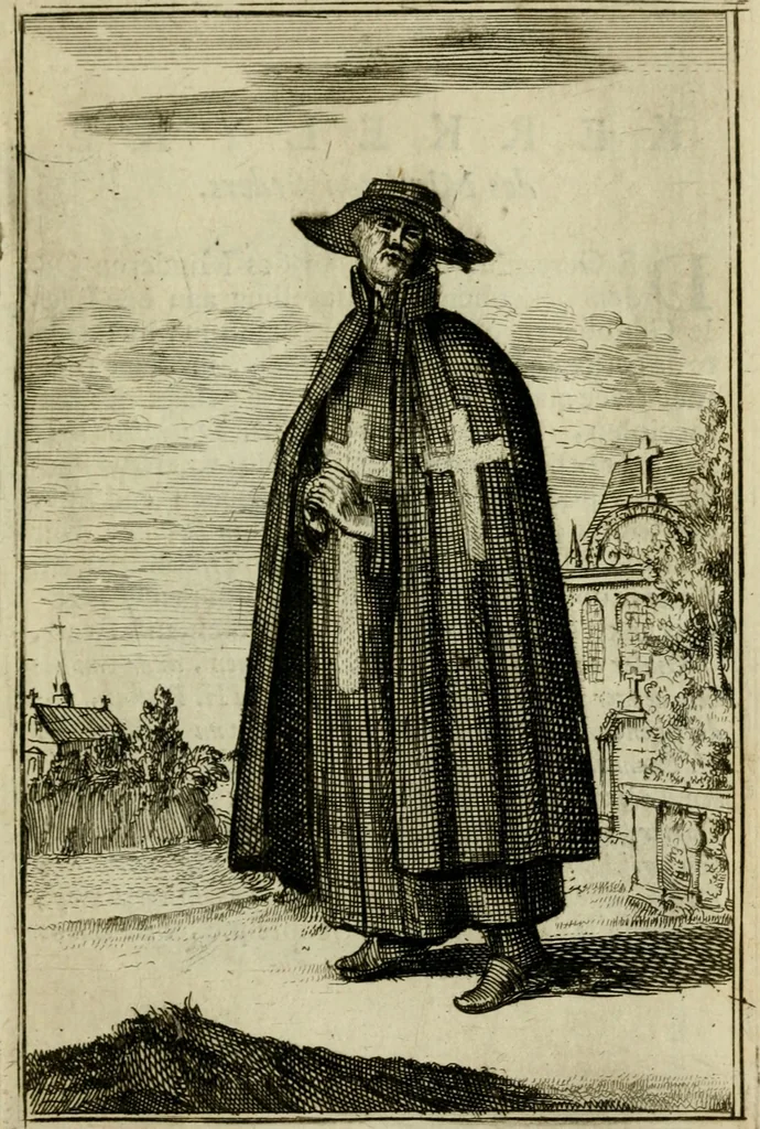 An illustration from Nette afbeeldingen der eyge dragten van alle geestelyke orders : nevens een korte aantekening van haar begin, instelders, en bevestiging, 1688, leaf 44