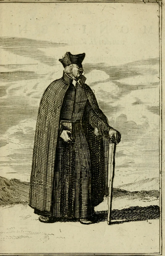 An illustration from Nette afbeeldingen der eyge dragten van alle geestelyke orders : nevens een korte aantekening van haar begin, instelders, en bevestiging, 1688, leaf 46