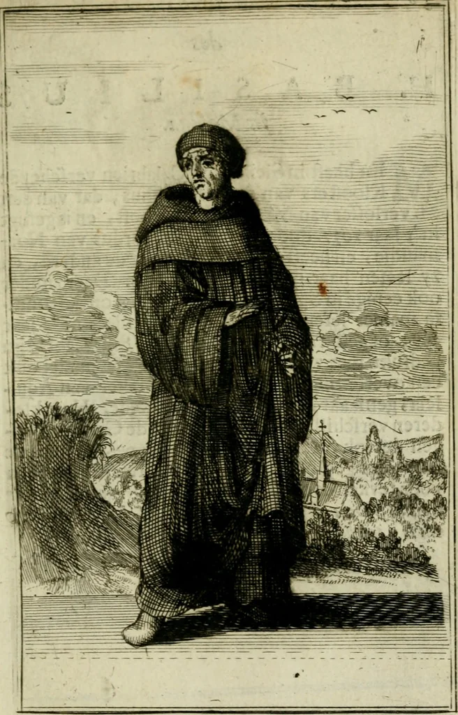 An illustration from Nette afbeeldingen der eyge dragten van alle geestelyke orders : nevens een korte aantekening van haar begin, instelders, en bevestiging, 1688, leaf 52