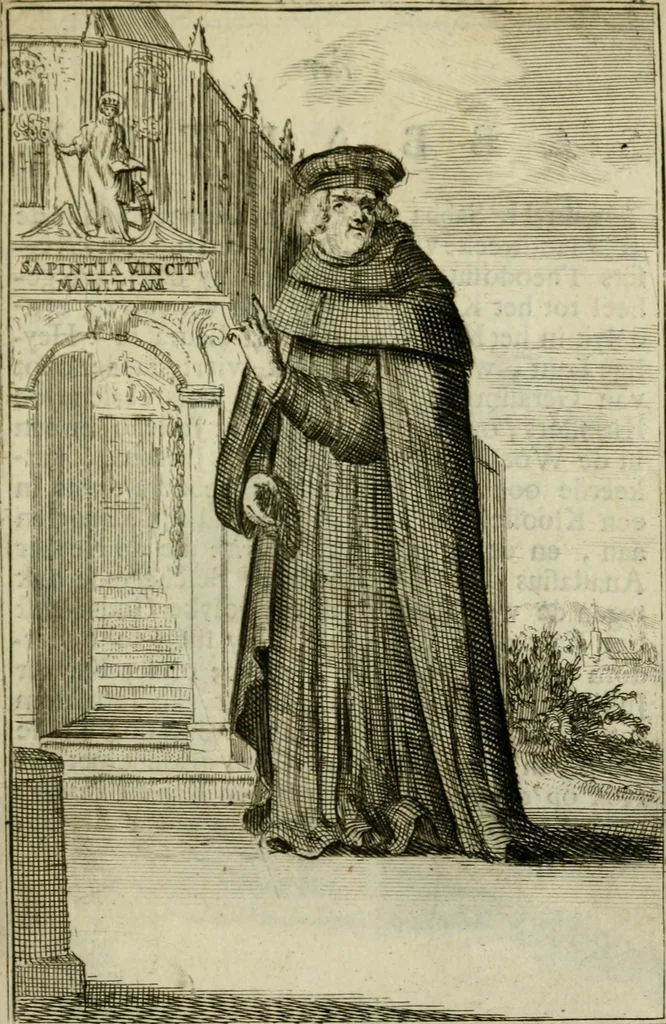An illustration from Nette afbeeldingen der eyge dragten van alle geestelyke orders : nevens een korte aantekening van haar begin, instelders, en bevestiging, 1688, leaf 56