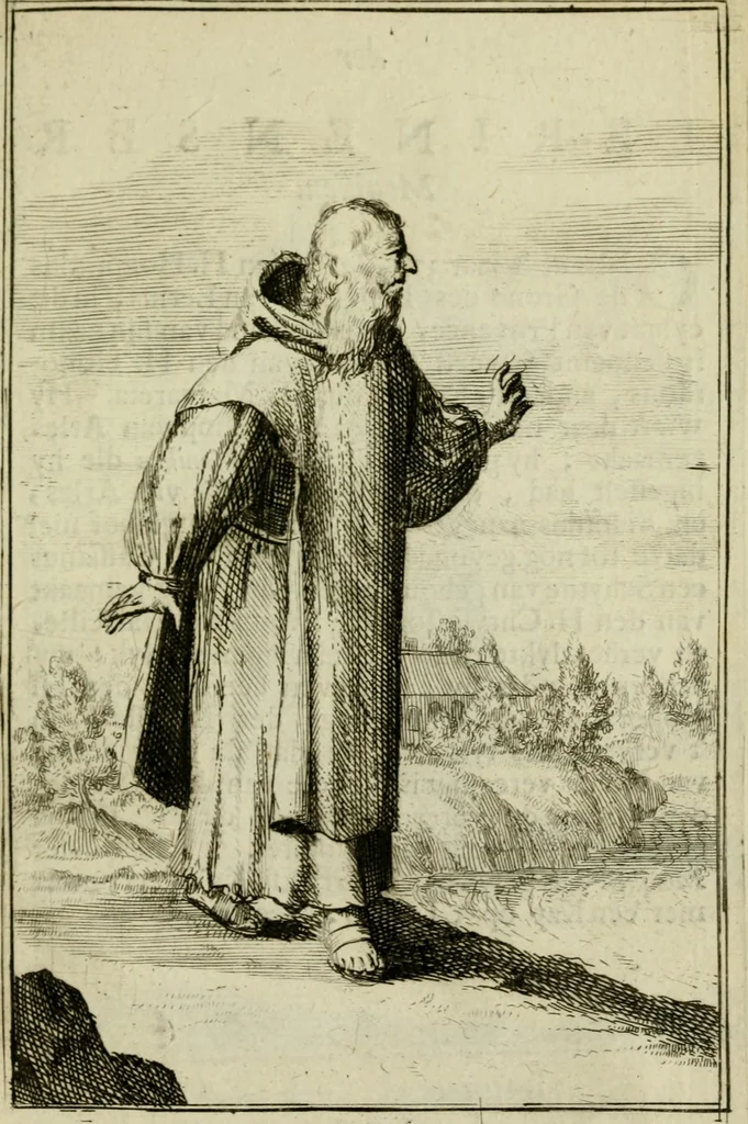 An illustration from Nette afbeeldingen der eyge dragten van alle geestelyke orders : nevens een korte aantekening van haar begin, instelders, en bevestiging, 1688, leaf 58
