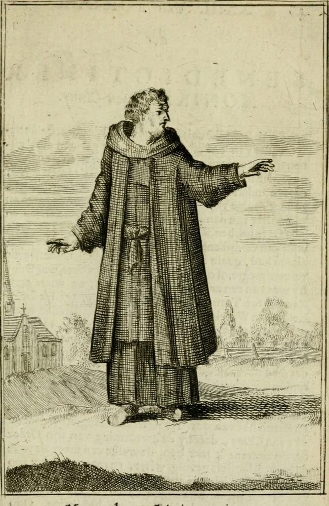 An illustration from Nette afbeeldingen der eyge dragten van alle geestelyke orders : nevens een korte aantekening van haar begin, instelders, en bevestiging, 1688, leaf 60