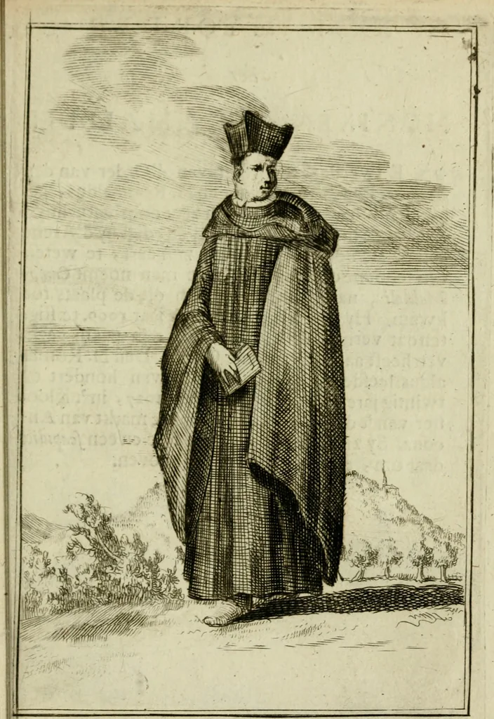 An illustration from Nette afbeeldingen der eyge dragten van alle geestelyke orders : nevens een korte aantekening van haar begin, instelders, en bevestiging, 1688, leaf 66