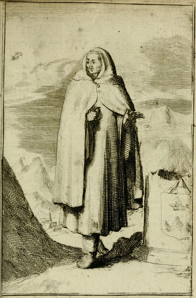 An illustration from Nette afbeeldingen der eyge dragten van alle geestelyke orders : nevens een korte aantekening van haar begin, instelders, en bevestiging, 1688, leaf 72
