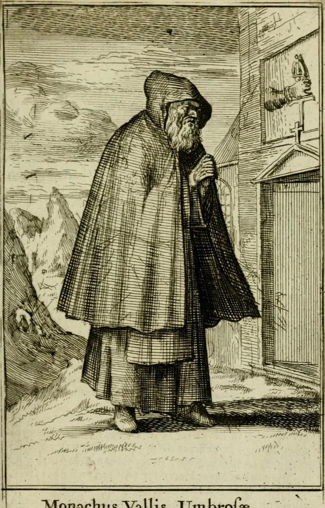 An illustration from Nette afbeeldingen der eyge dragten van alle geestelyke orders : nevens een korte aantekening van haar begin, instelders, en bevestiging, 1688, leaf 74