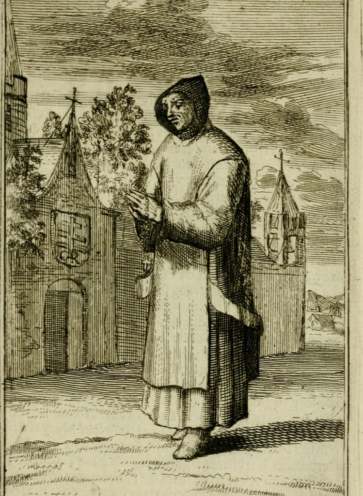 An illustration from Nette afbeeldingen der eyge dragten van alle geestelyke orders : nevens een korte aantekening van haar begin, instelders, en bevestiging, 1688, leaf 76
