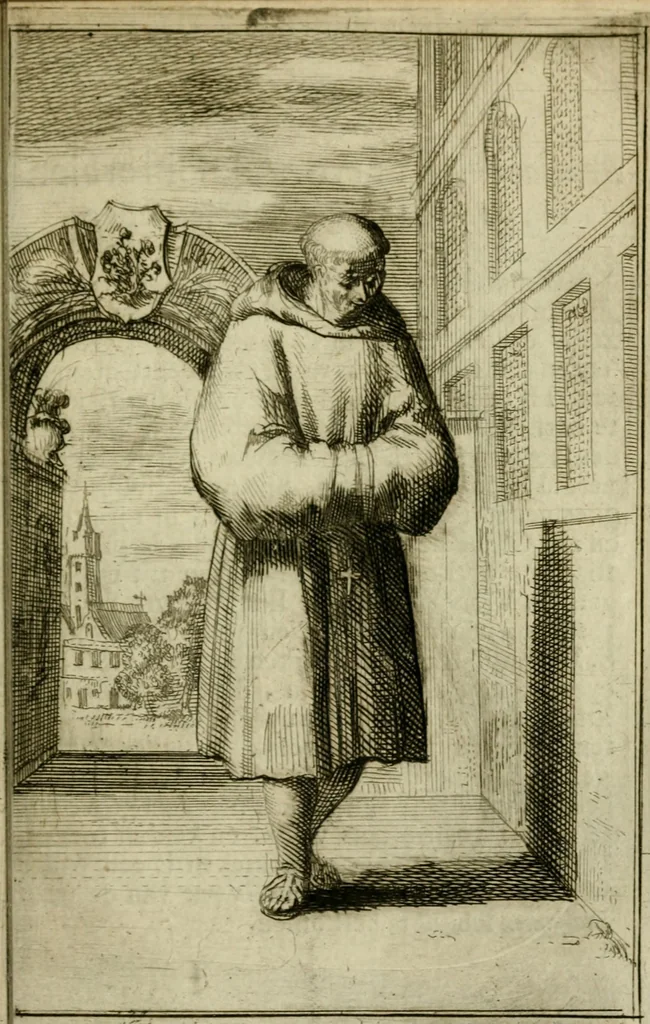 An illustration from Nette afbeeldingen der eyge dragten van alle geestelyke orders : nevens een korte aantekening van haar begin, instelders, en bevestiging, 1688, leaf 80