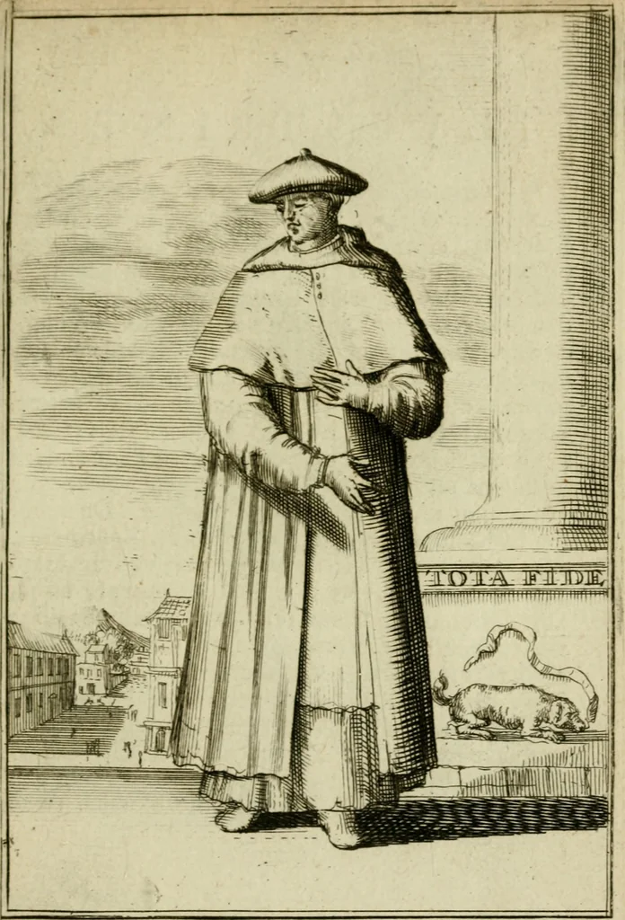 An illustration from Nette afbeeldingen der eyge dragten van alle geestelyke orders : nevens een korte aantekening van haar begin, instelders, en bevestiging, 1688, leaf 86